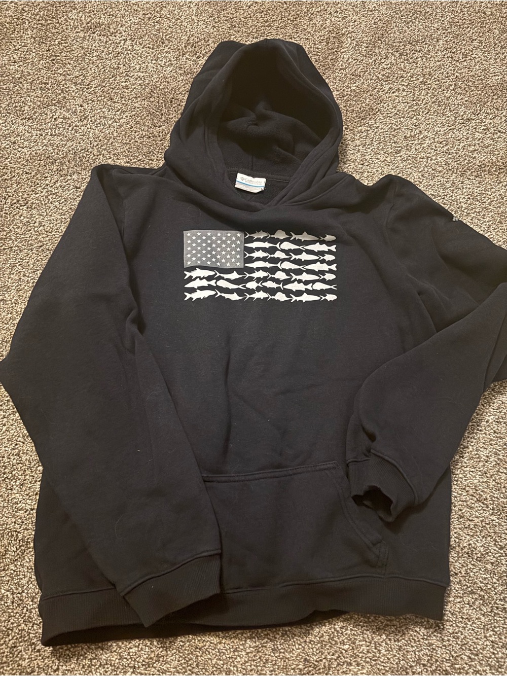 Columbia Black Hoodie with White Fish Flag Graphic